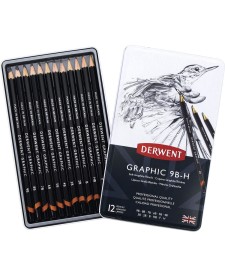 imagem principal do produto Estojo de lata com 12 lápis Graduado de Baixa Dureza: 9B, 8B, 7B, 6B, 5B, 4B, 3B, 2B, B, HB, F e H