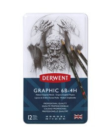 imagem de detalhe produto Estojo de lata com 12 lápis Graduado de Média Dureza 6B, 5B, 4B, 3B, 2B, B, HB, F, H, 2H, 3H e 4H Derwent