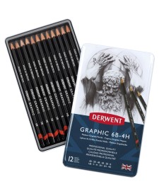 imagem principal do produto Estojo de lata com 12 lápis Graduado de Média Dureza 6B, 5B, 4B, 3B, 2B, B, HB, F, H, 2H, 3H e 4H Derwent