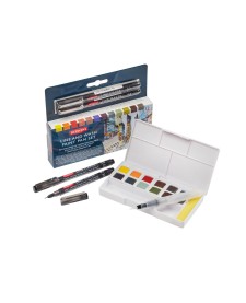 imagem principal do produto Kit de Aquarela Line & Wash com 12 Cores de Aquarelas em Pastilha e 2 canetas Line Maker