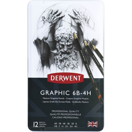 Foto ilustrativa Estojo de lata com 12 lápis Graduado de Média Dureza 6B, 5B, 4B, 3B, 2B, B, HB, F, H, 2H, 3H e 4H Derwent