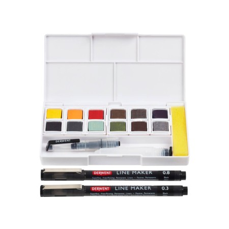 Foto ilustrativa Kit de Aquarela Line & Wash com 12 Cores de Aquarelas em Pastilha e 2 canetas Line Maker
