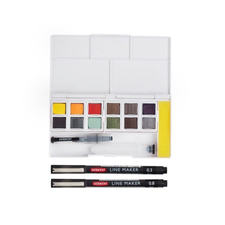 Foto ilustrativa Kit de Aquarela Line & Wash com 12 Cores de Aquarelas em Pastilha e 2 canetas Line Maker