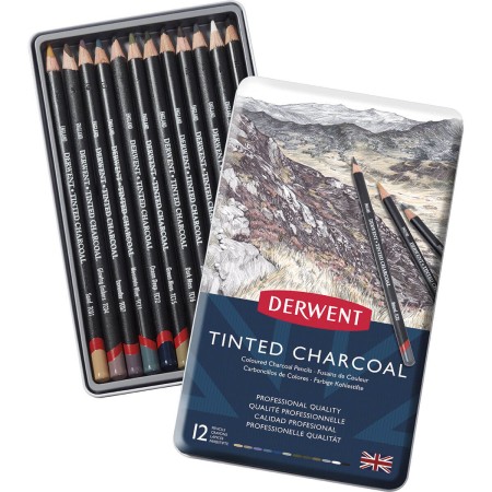 Foto ilustrativa Lápis de Cor em Carvão Tingido 12 Cores Estojo Lata