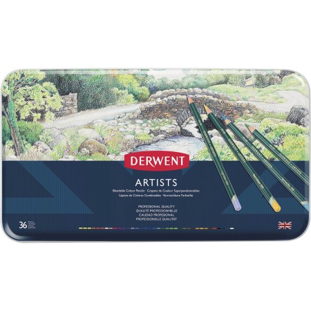 Foto ilustrativa Lápis de Cor Permanente Artists 36 Cores Estojo Lata Derwent