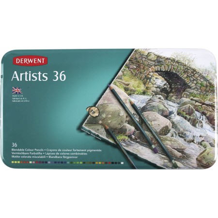 Foto ilustrativa Lápis de Cor Permanente Artists 36 Cores Estojo Lata Derwent