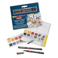 Foto ilustrativa Kit de Aquarela Line & Wash com 12 Cores de Aquarelas em Pastilha e 2 canetas Line Maker